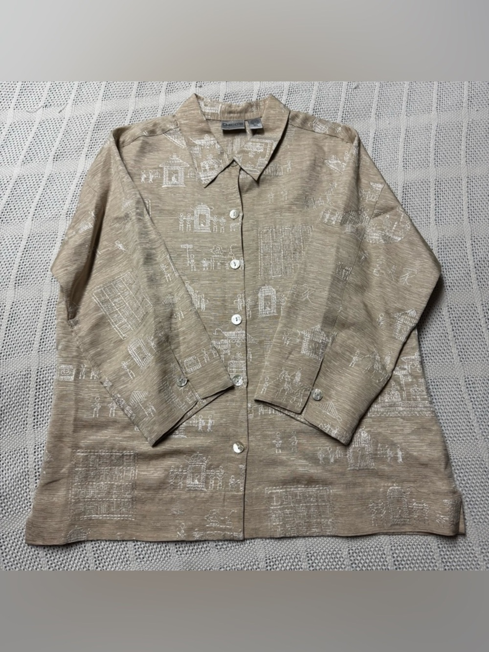 Chico's Beige Silk Linen Button-Front Embroidered Shirt Jacket